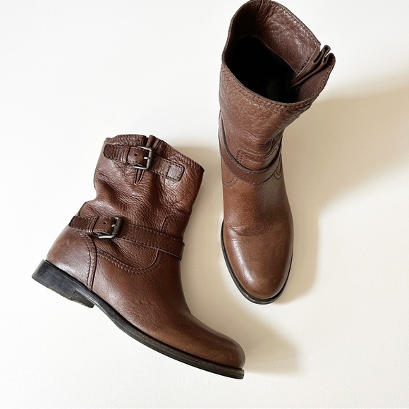 PRADA Leather Biker Moto Leather Boots Two Buckles Low Heel Brown